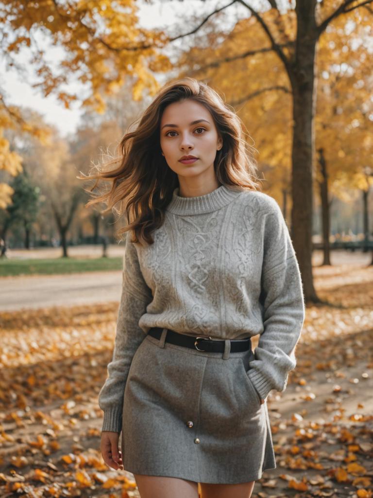 Woman in Gray Skirt and Sweater in Autumn Park