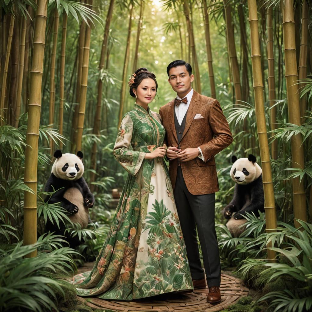 Elegant Couple in Bamboo Forest with Playful Pandas