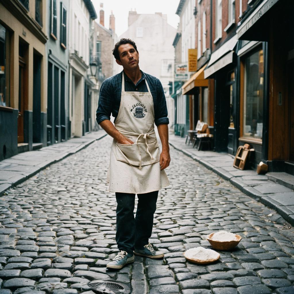 Young Baker Standing on Cobblestone Street with Flour Bowls