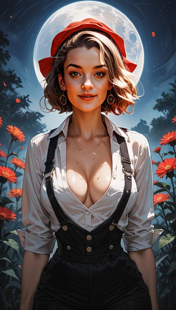 Digital Art of Woman in Red Beret with Flowers and Full Moon Background Digital Art of Woman in Red Beret with Flowers and Full Moon Background