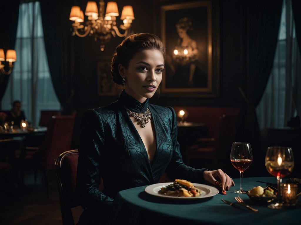 Elegant Woman in Vintage Navy Dress at Fine Dining Table