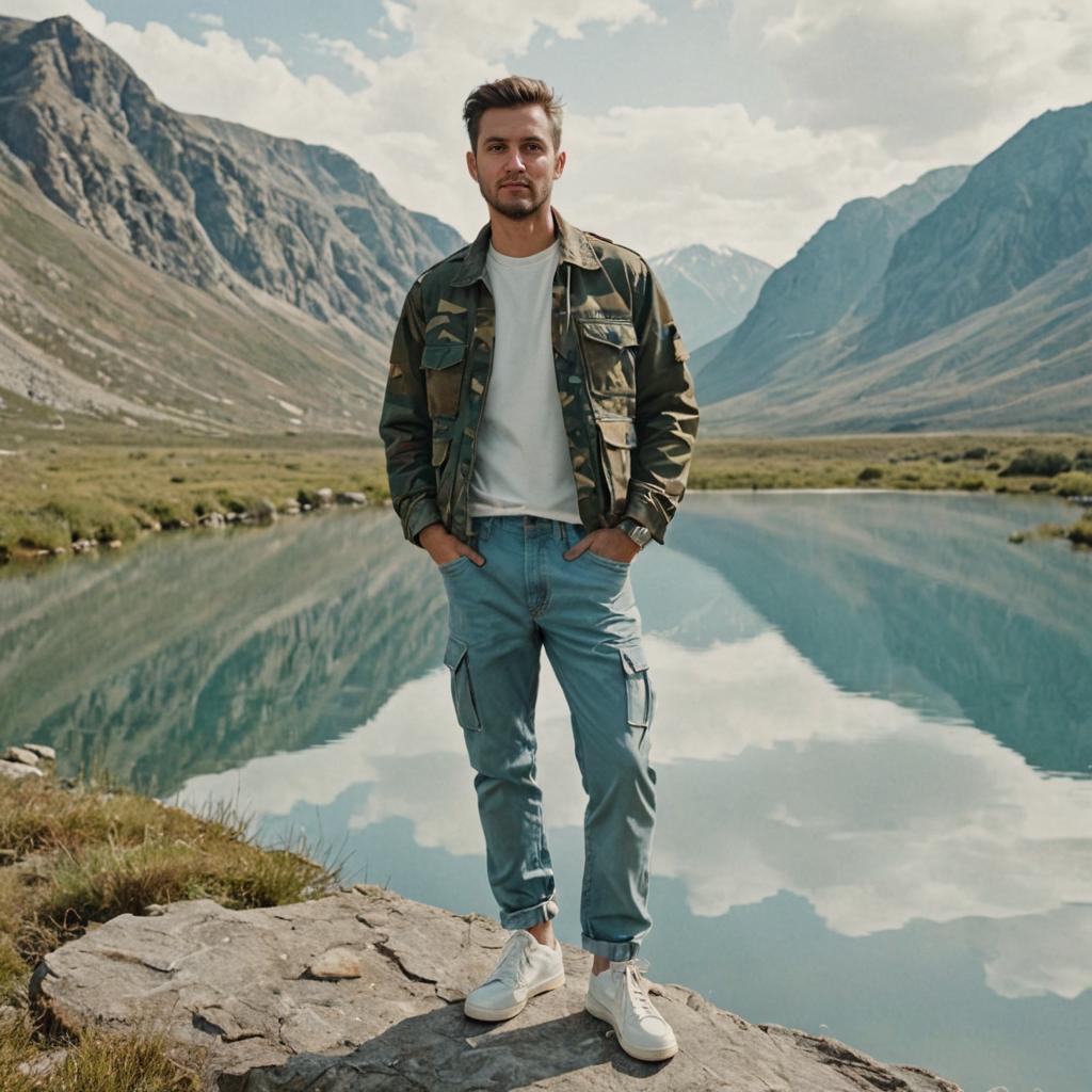 Confident Man by Serene Lake and Mountains