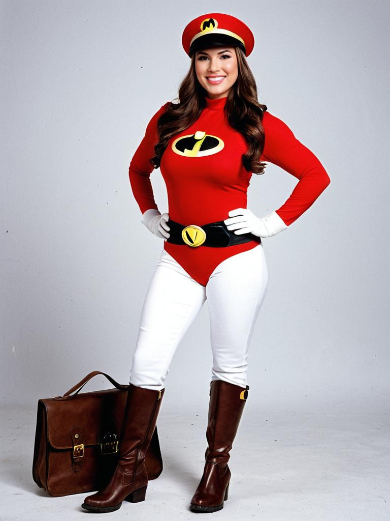 Woman in Mrs. Incredible Costume with Brown Boots and Red Hat