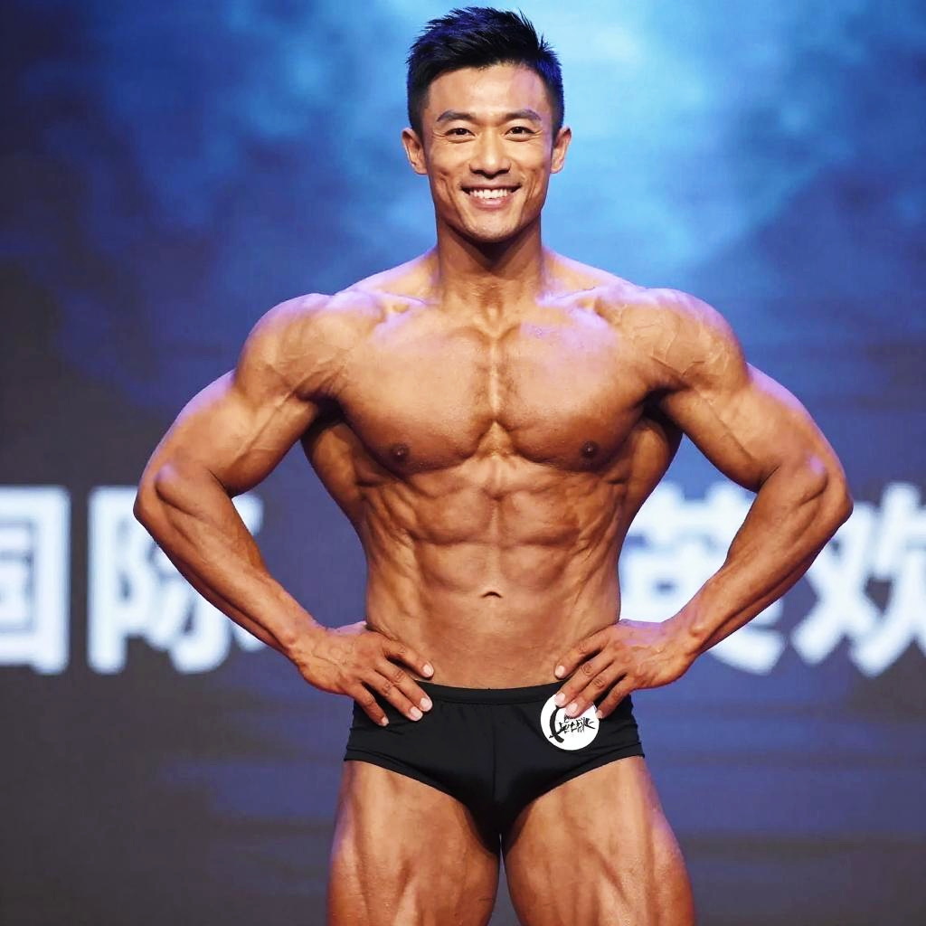 Male Bodybuilder Posing on Stage with Muscular Physique