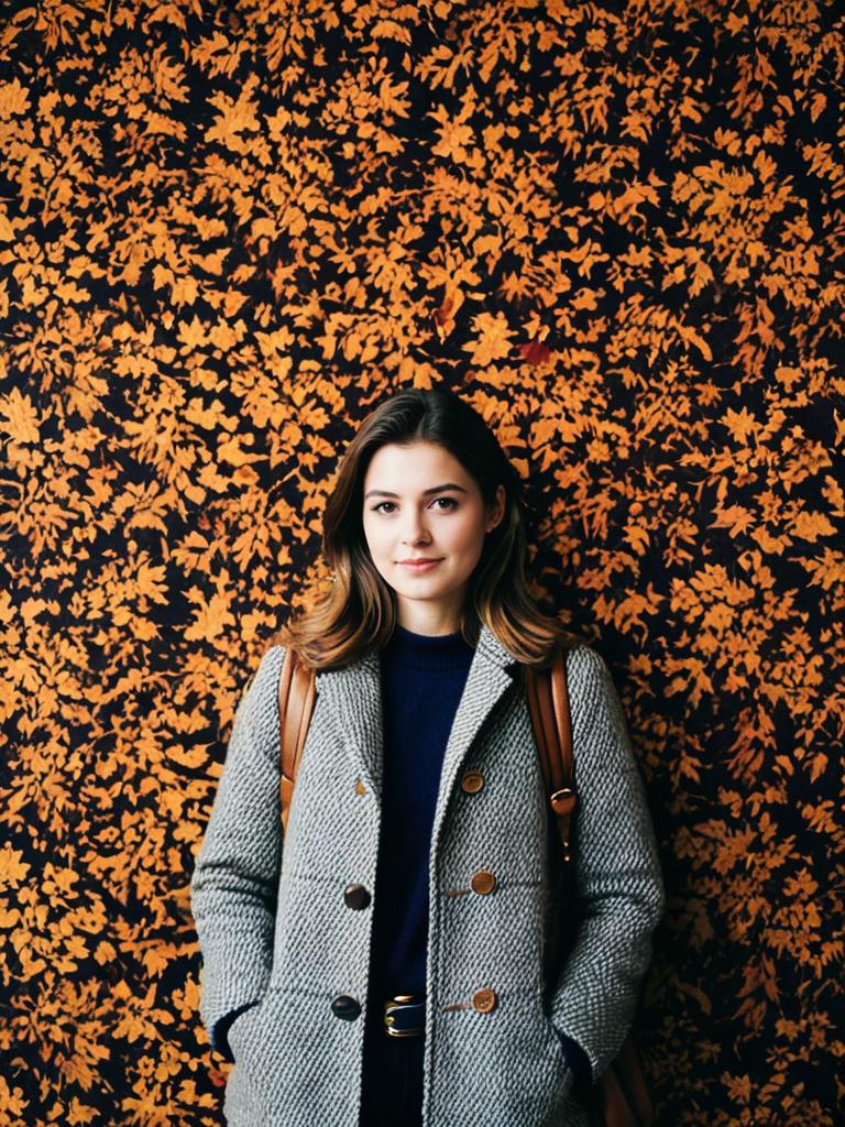 Preppy Fall Fashion Woman Standing by Autumn Leaves Pattern Wall