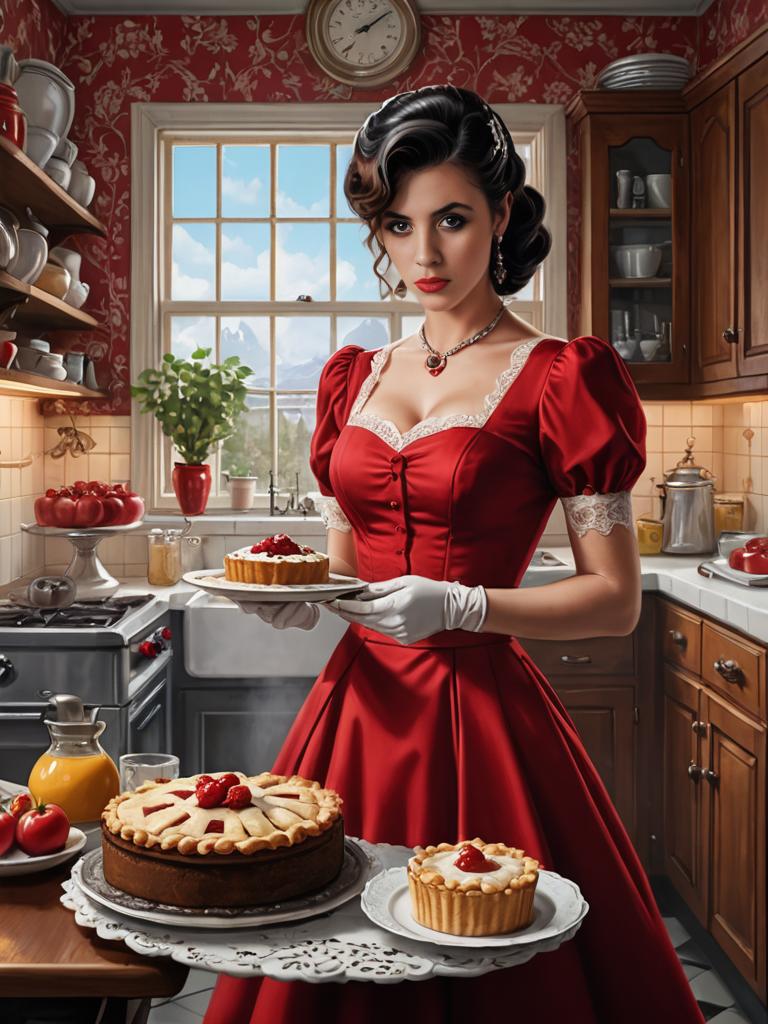 Vintage Woman in Red Dress with Pie