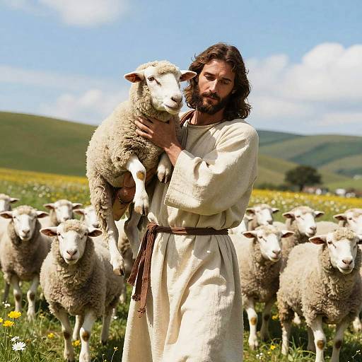 Man Holding Sheep in Pastoral Field with Flock