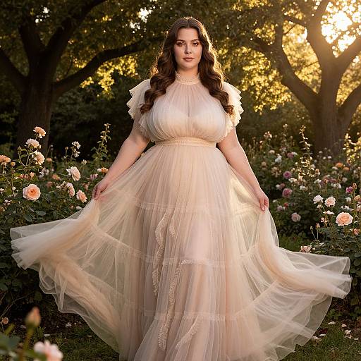 Woman in Flowing Beige Tulle Dress in Rose Garden at Sunset