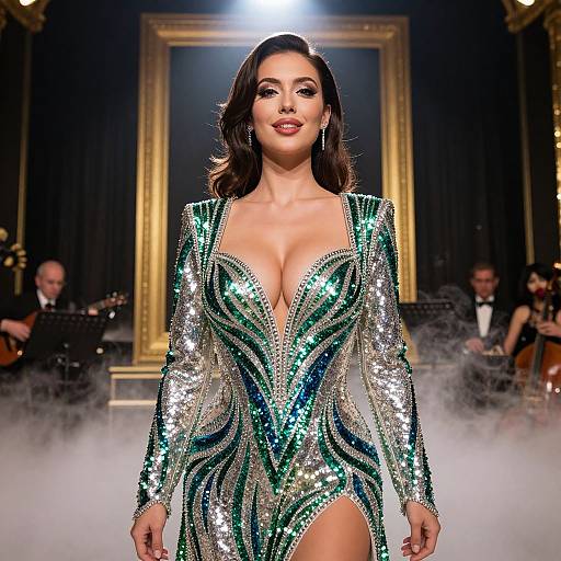 Elegant Woman in Sequined Evening Gown with Live Orchestra Background