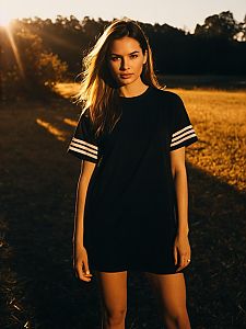 Woman in Sporty Chic Black Mini Dress with Oversized T-Shirt Cut Short at Sunset