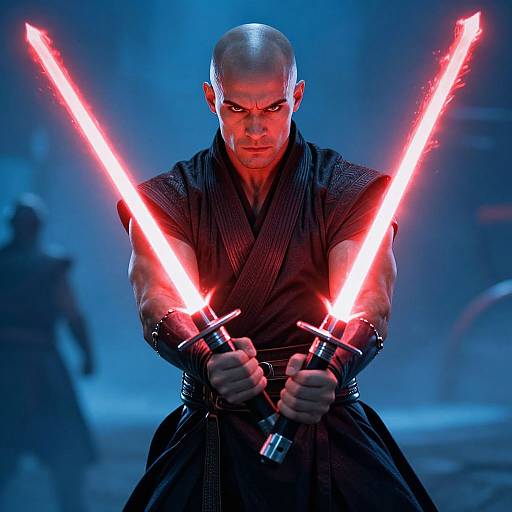 Fierce Bald Man with Dual Red Lightsabers in Sci-Fi Martial Arts Style