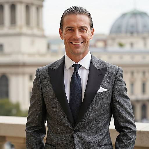 Confident Man in Gray Textured Suit Smiling Outdoors