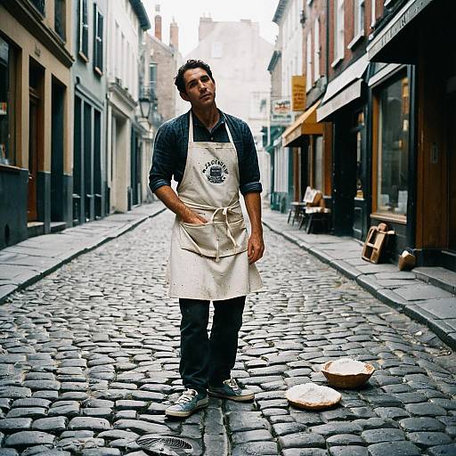 Young Baker Standing on Cobblestone Street with Flour Bowls