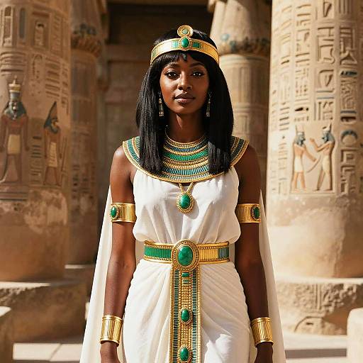 Woman in Ancient Egyptian Costume with Gold and Green Jewelry