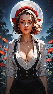 Digital Art of Woman in Red Beret with Flowers and Full Moon Background