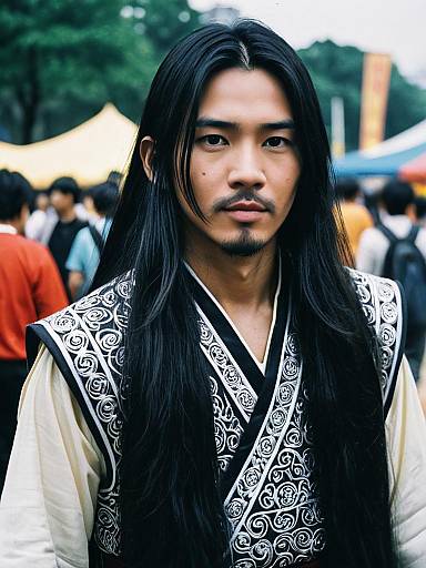 Man in Traditional Asian Long Hair Costume at Cosplay Festival