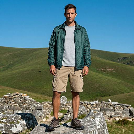 Man in Hiking Gear Standing on Stone Structure in Rural Landscape