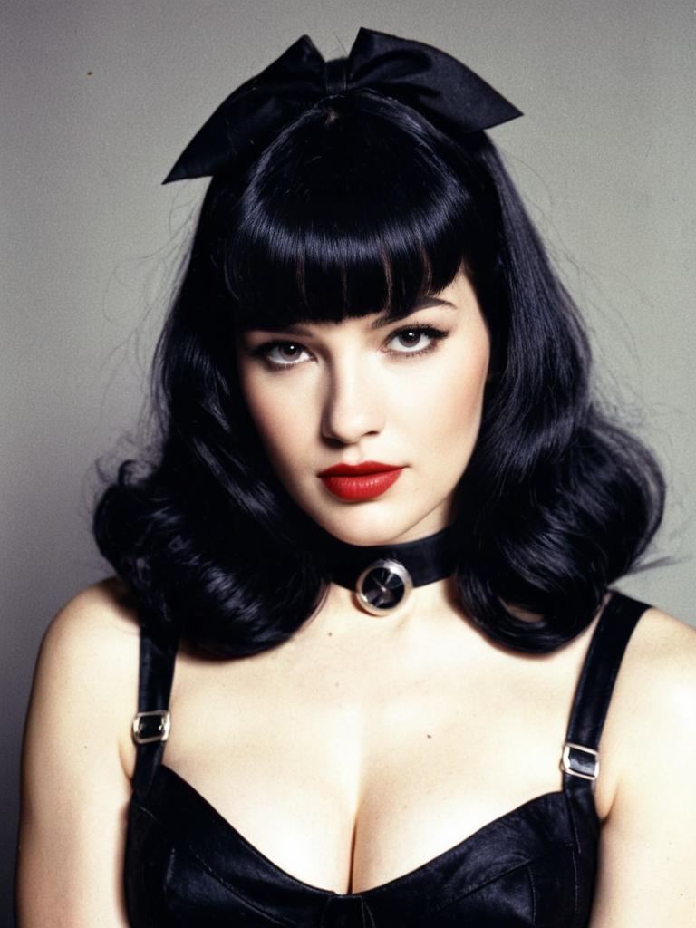 Woman in Bettie Page Bangs Hairstyle and Leather Costume Professional Cosplay