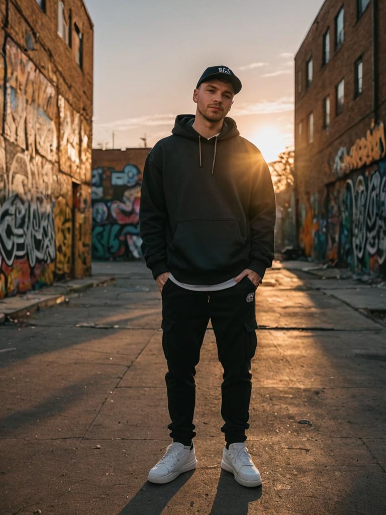 Confident man in hip-hop attire against graffiti backdrop at sunset