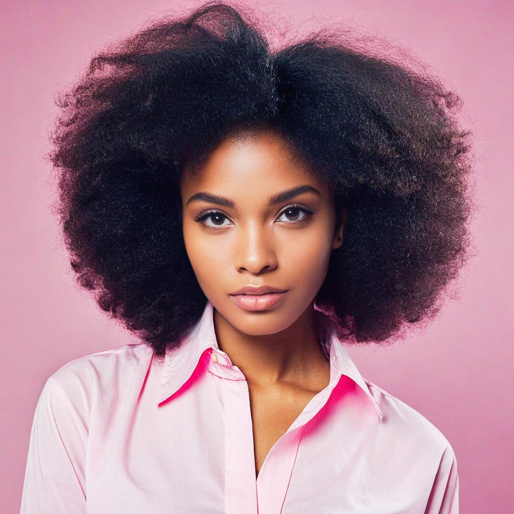 Confident Woman with Afro Hair in Pink Shirt