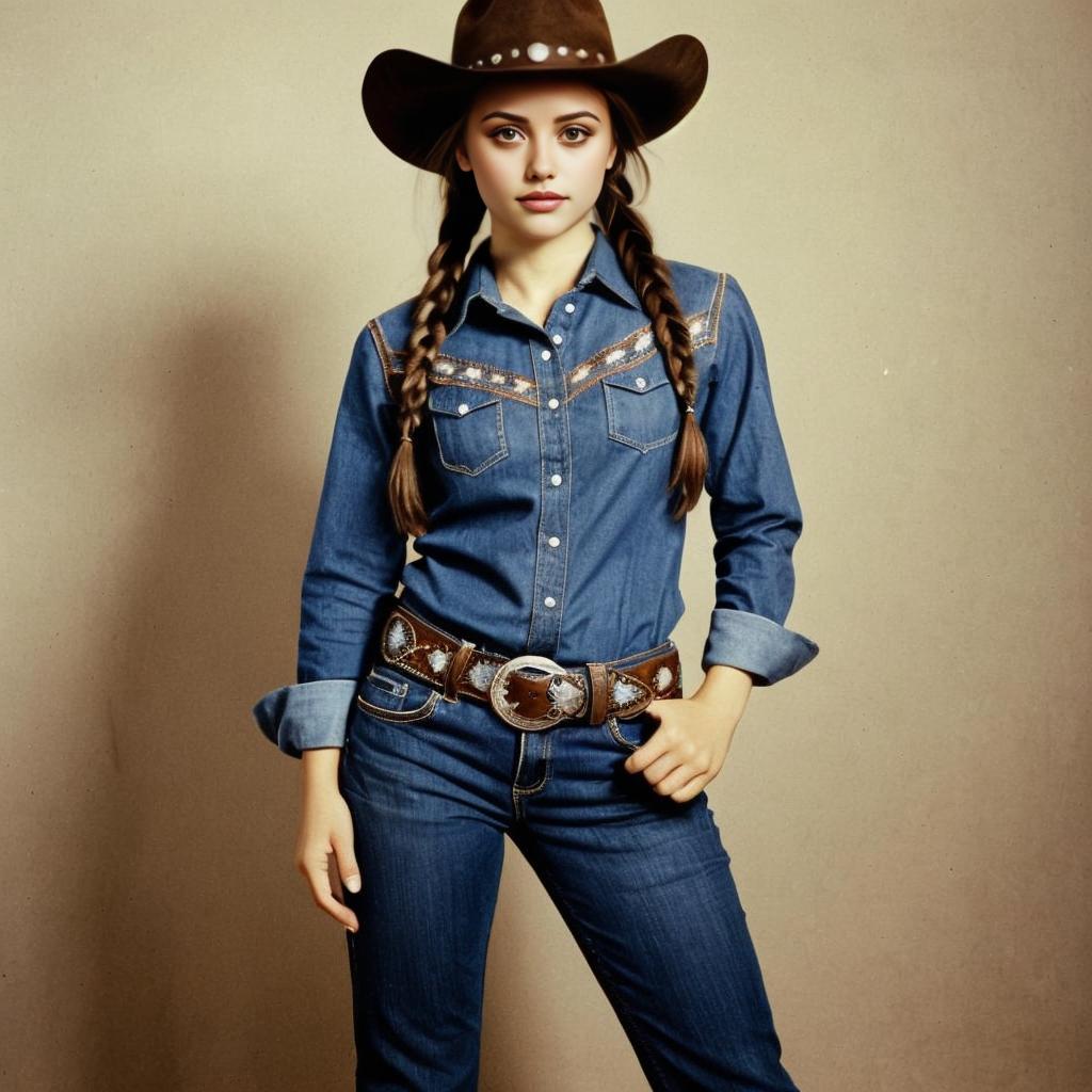 Young Woman in Classic Western Denim Outfit with Cowboy Hat