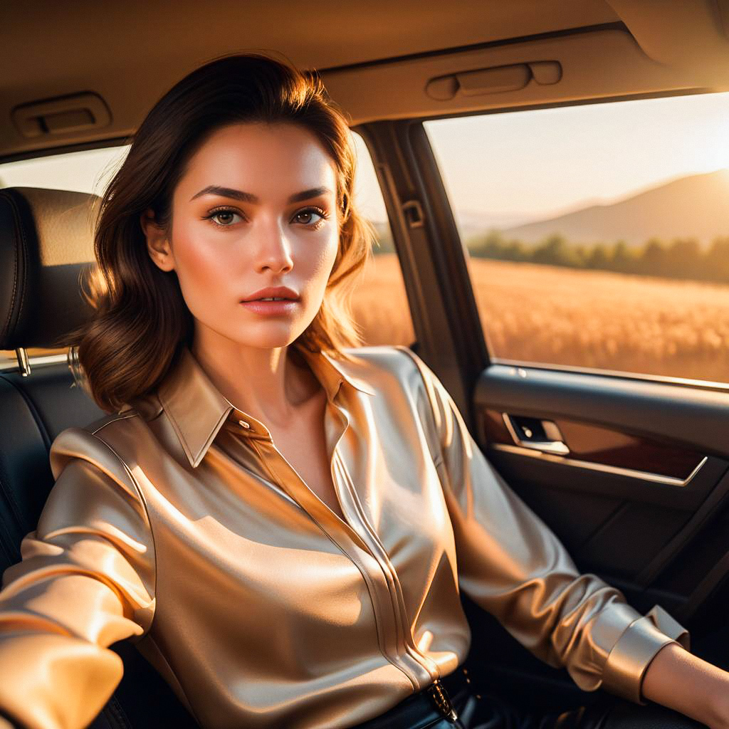 Stylish Woman in Car at Golden Hour Stylish Woman in Car at Golden Hour