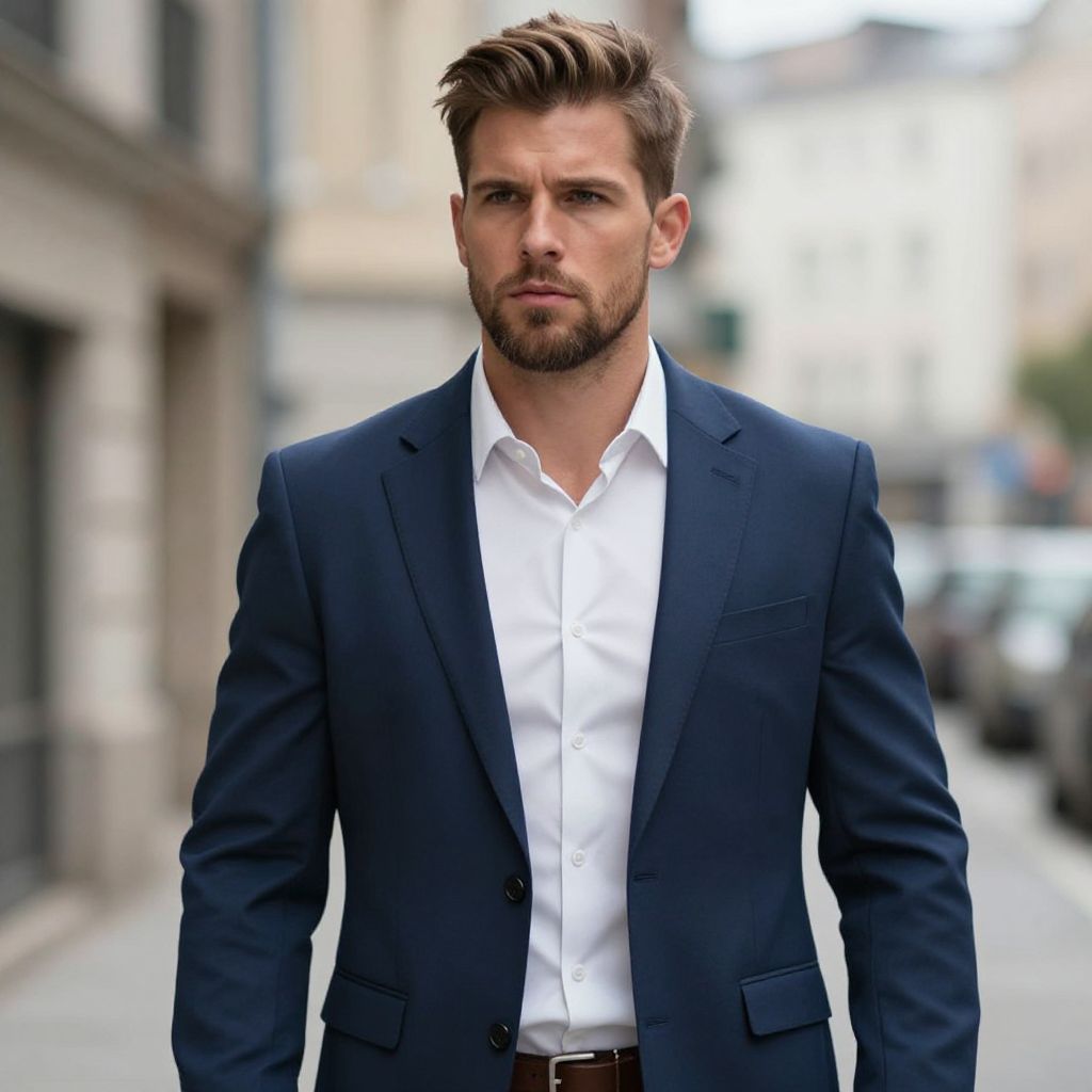 Confident Man in Navy Blue Suit Walking on City Street