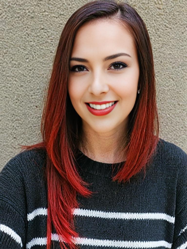 Woman with Red Highlights and Black Striped Sweater