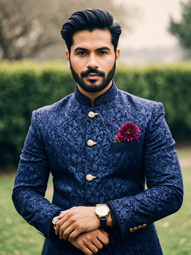 Man Wearing Navy Blue Sherwani with Floral Pocket Square Outdoors