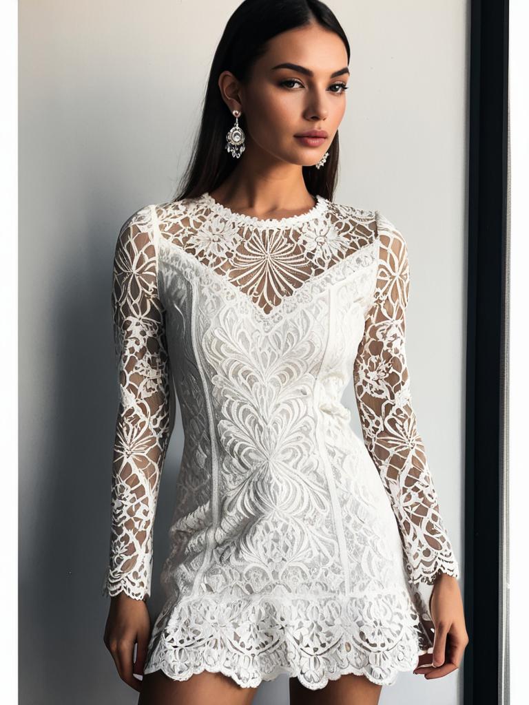 Woman Chic White Lace Mini Dress Round Neckline Long Sleeves