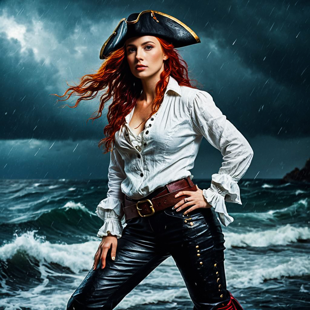 Confident Woman on Stormy Shoreline in Pirate Outfit Confident Woman on Stormy Shoreline in Pirate Outfit