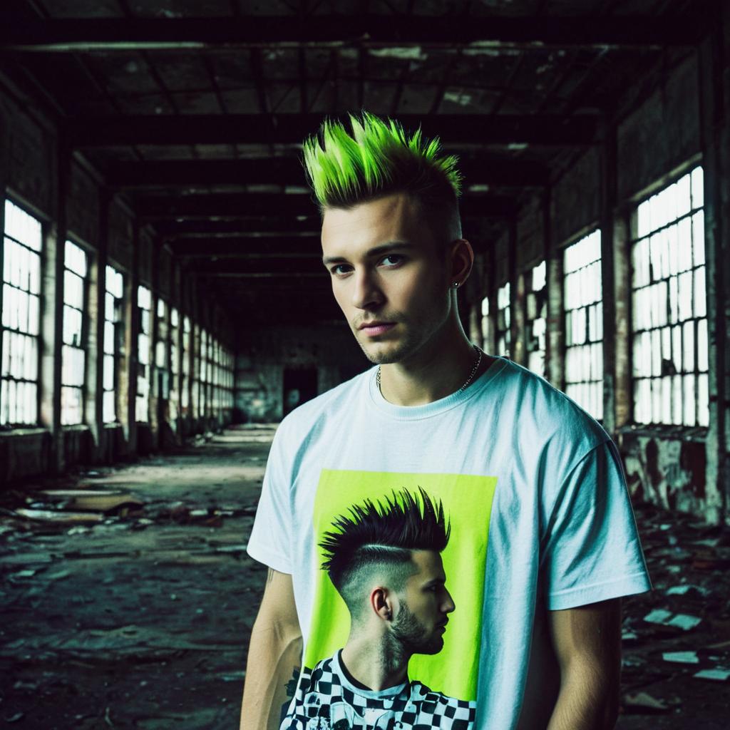 Young Man with Neon Green Spiked Hair in Abandoned Industrial Building