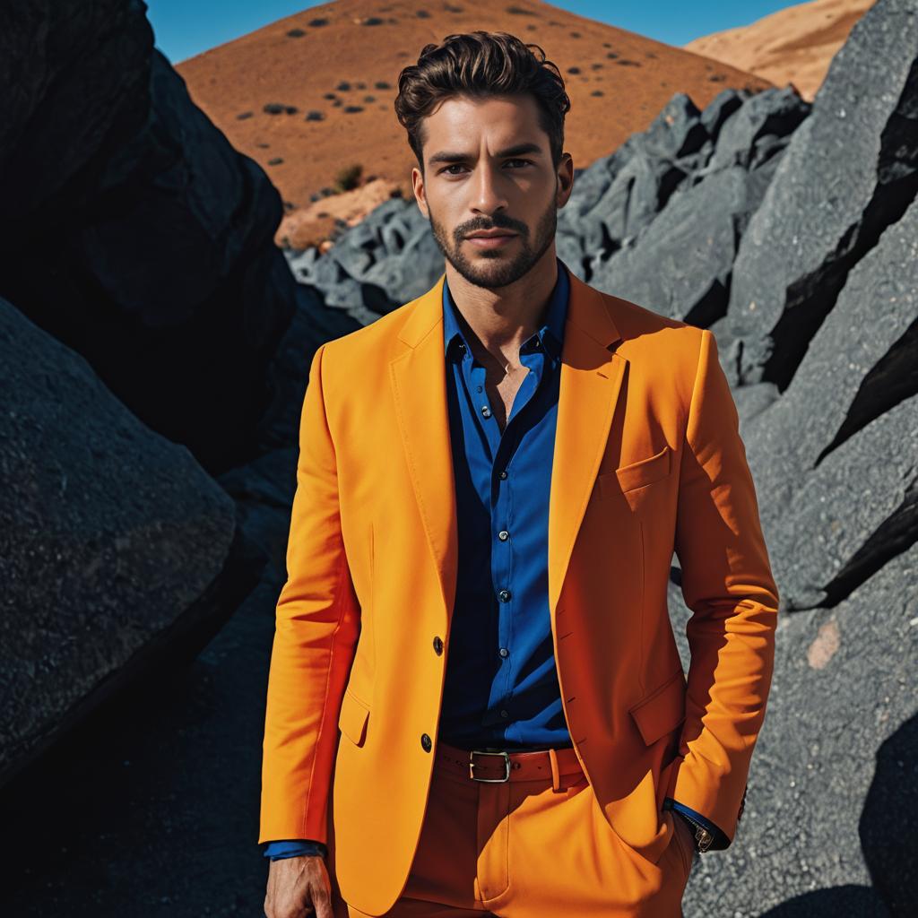 Confident Man in Orange Suit Against Rocky Landscape