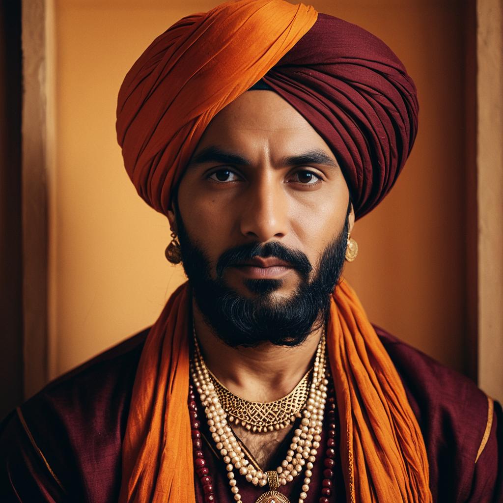 Man in Traditional Maroon and Orange Attire with Jewelry