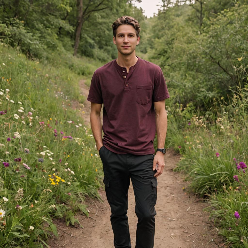 Calm Man in Forest Trail Surrounded by Nature