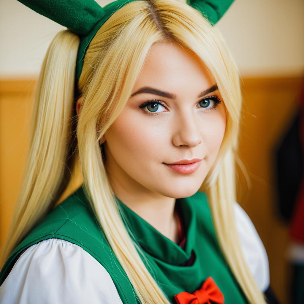 Blonde Woman in Green Anime Cosplay with Twin Tails