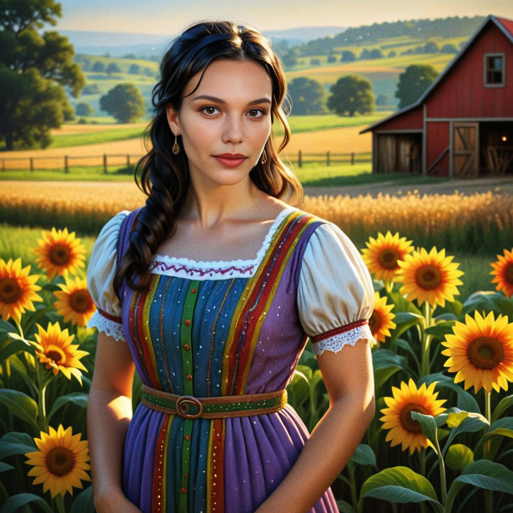 Woman in Colorful Dress Among Sunflowers