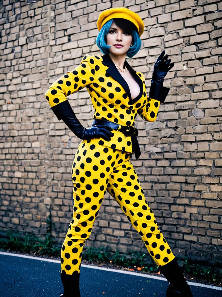 Woman in Yellow Polka Dot Suit with Blue Hair and Beret Fashion Portrait