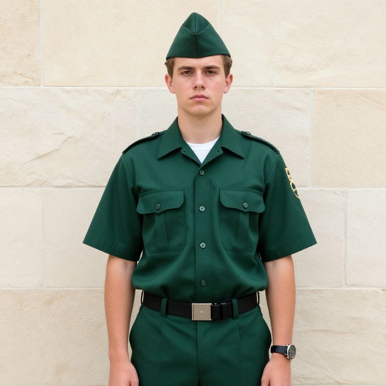 Young Man in Green Security Uniform Standing Against Stone Wall