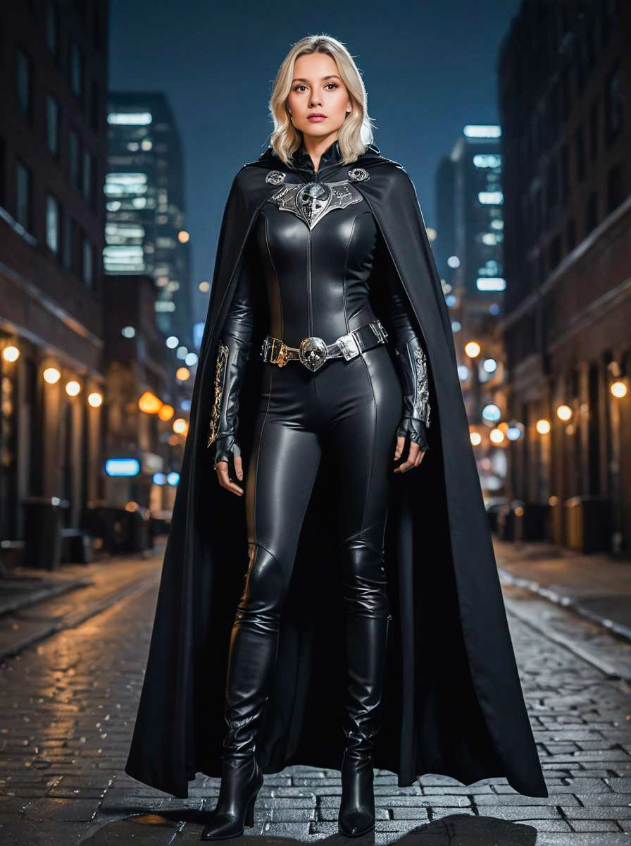 Confident Woman in Black Superhero Costume