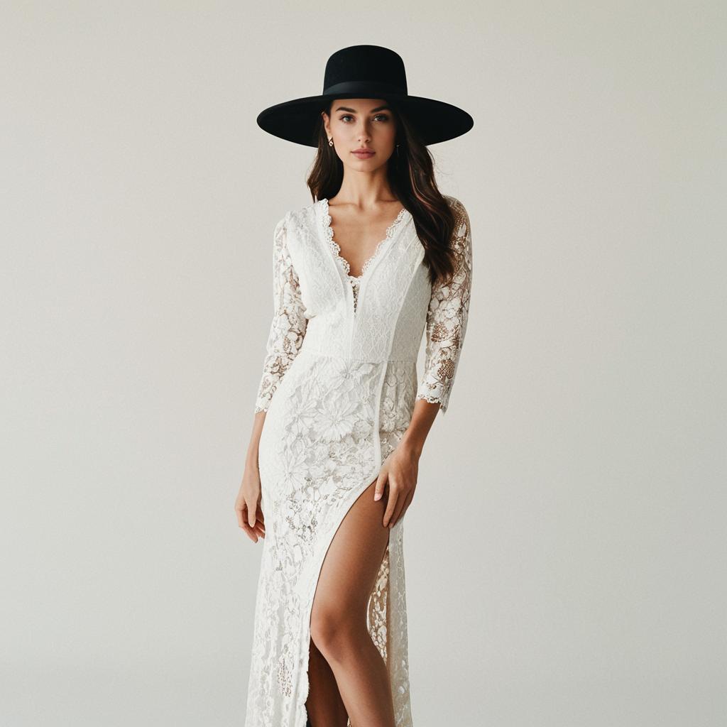 Elegant Woman in White Lace Dress with Black Hat Elegant Woman in White Lace Dress with Black Hat