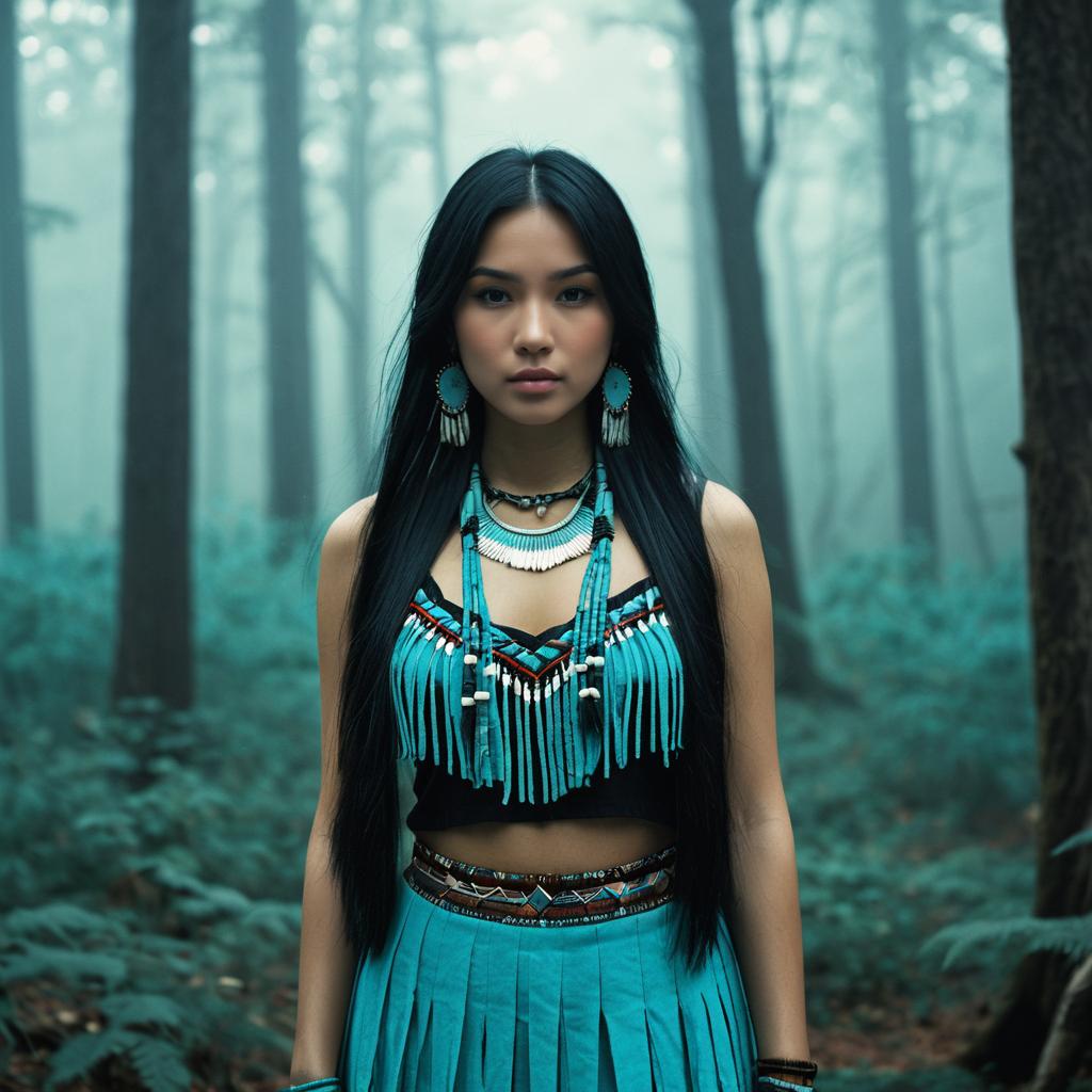 Young Woman in Turquoise Native American-Inspired Outfit in Misty Forest