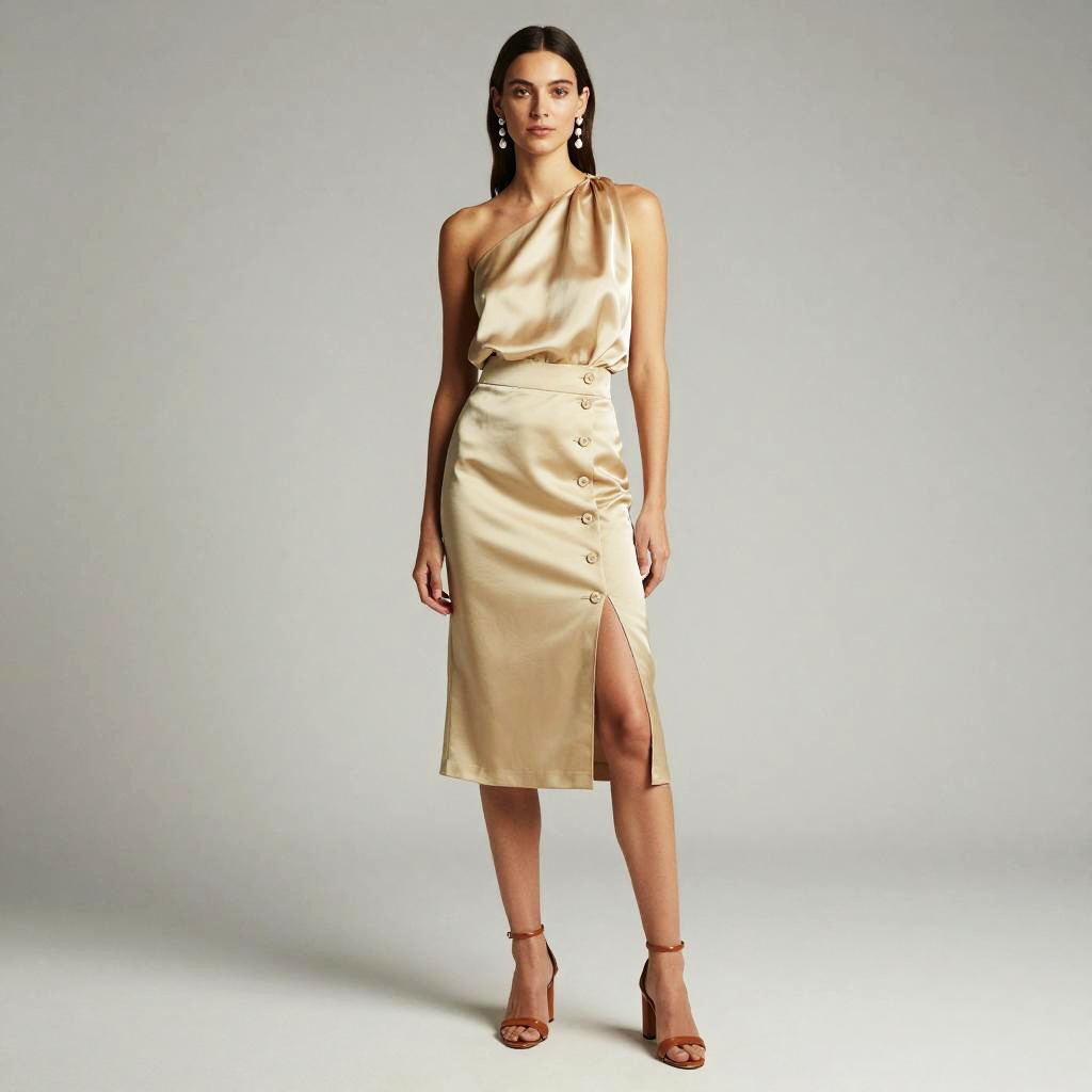 Elegant Champagne Satin One-Shoulder Dress with Button Detail and Thigh Slit
