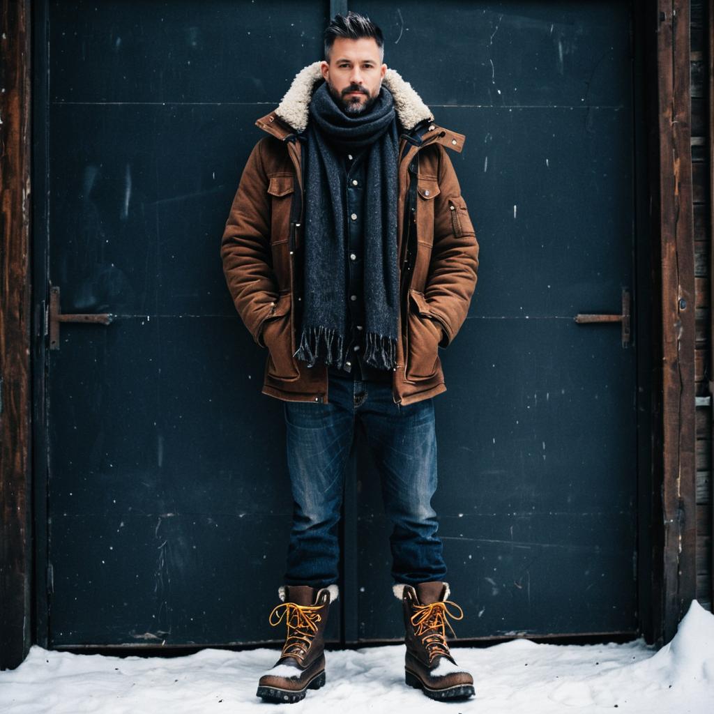 Cool Winter Fashion Man in Brown Shearling Jacket and Snow Boots