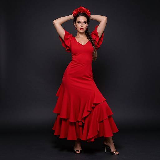 Woman in Vibrant Red Flamenco Dress with Ruffles and Floral Accessories