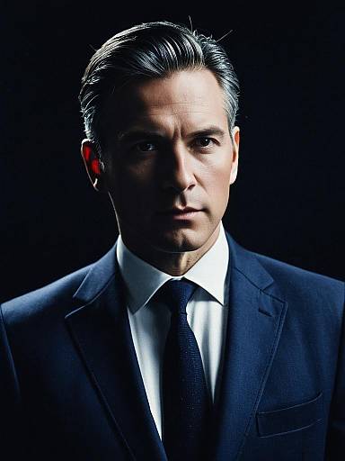 Man in Navy Blue Suit with Black Shirt Cinematic Realism Elegant Style