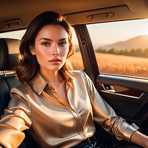 Stylish Woman in Car at Golden Hour