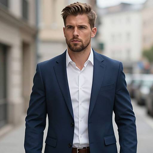 Confident Man in Navy Blue Suit Walking on City Street