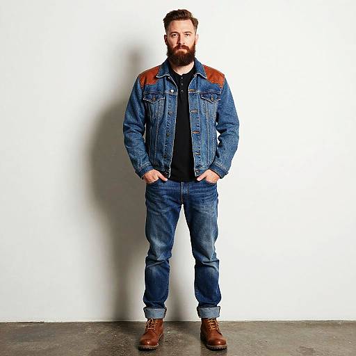 Man in Denim Jacket and Brown Leather Boots Standing Against White Background