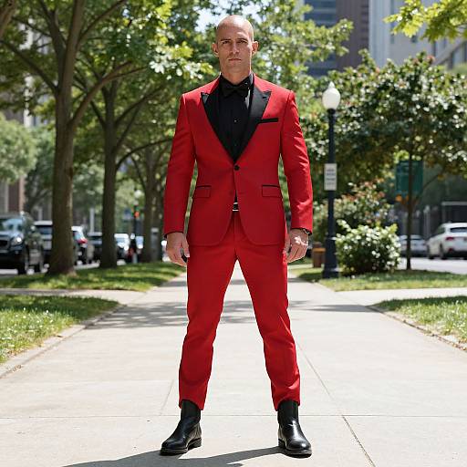 Confident Man in Red Suit on Urban Sidewalk